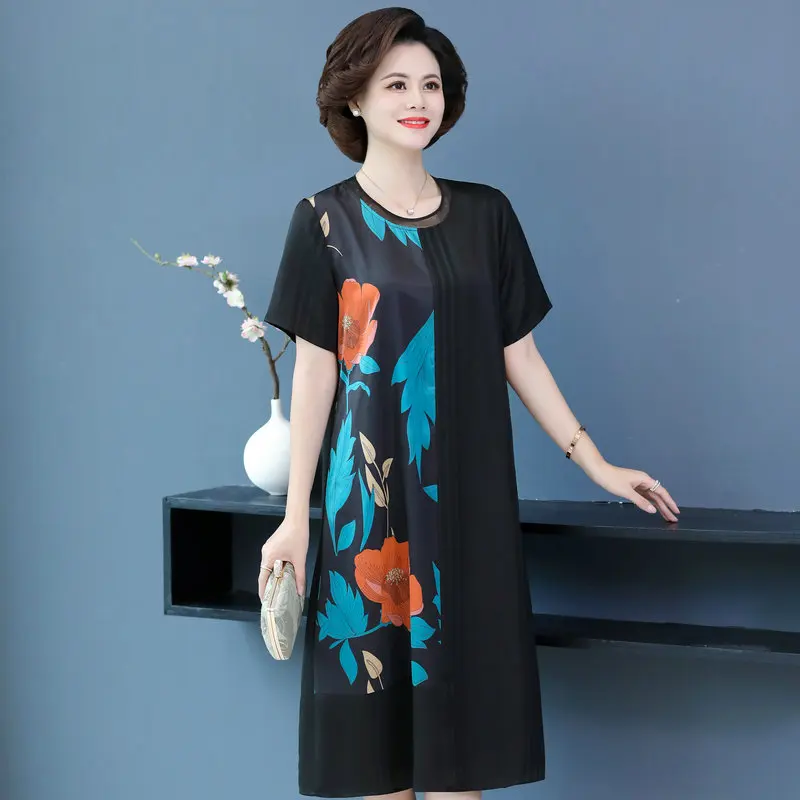 

Women Summer Black Slik Dresses Blue Green Graphics Print Patchwork Deisgn Round Neck Short Sleeve Calf Length One Piece Robe