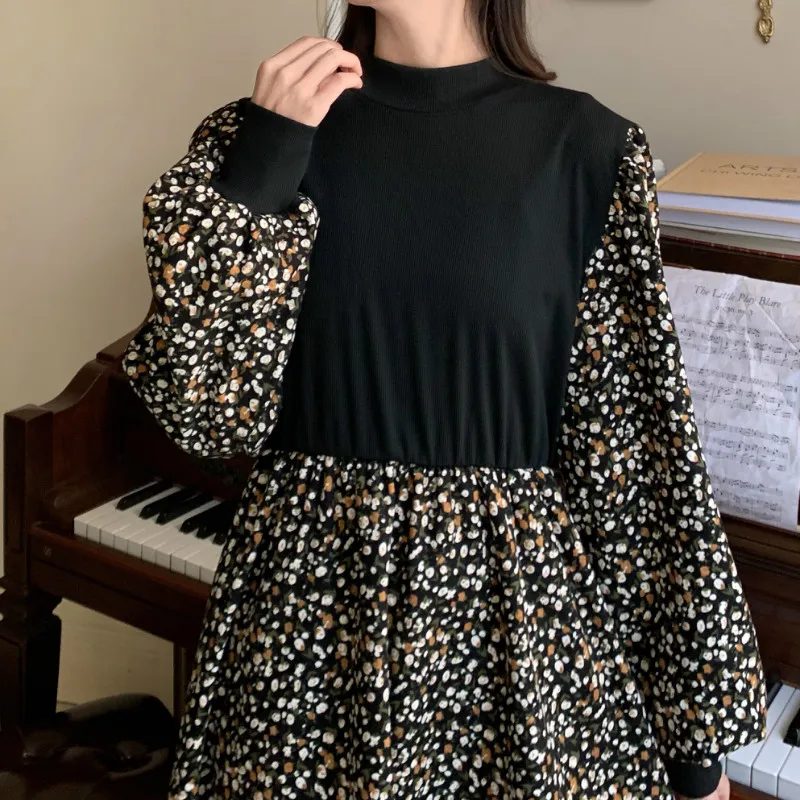 

New Long Sleeve Women's Dress Splicing Round Neck Comfortable Fashion Tops Casual Korean Summer Dresses Lady Mid-Calf