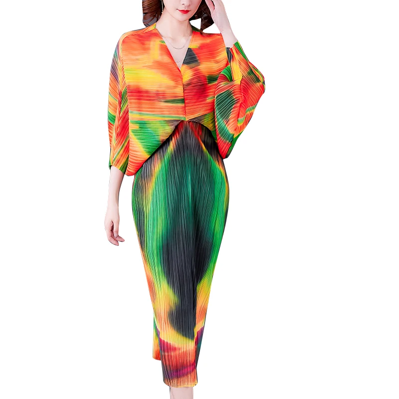 

COIGARSAM Print Women dress New Summer Spring Batwing Sleeve Pleated Dresses Yellow Purple Green 1018