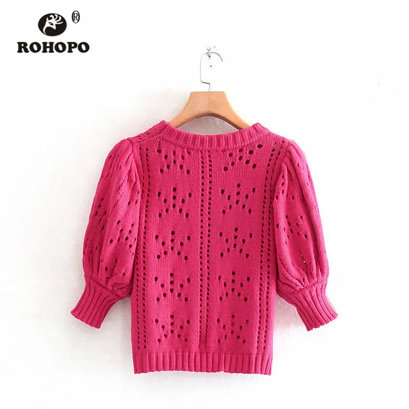 ROHOPO Deep Pink Knitted Solid Tops Outwear Round Collar Puff Half Sleeve Ladies Chic Cute Winter Sweater #9560 | Женская одежда