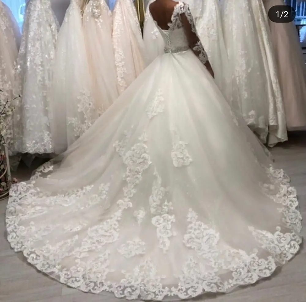 2020 unique Wedding Dresses A-line V-Neck Bridal Gowns Floor Length With Train Long Sleeve puffy party for bride Cheap China | Свадьбы и
