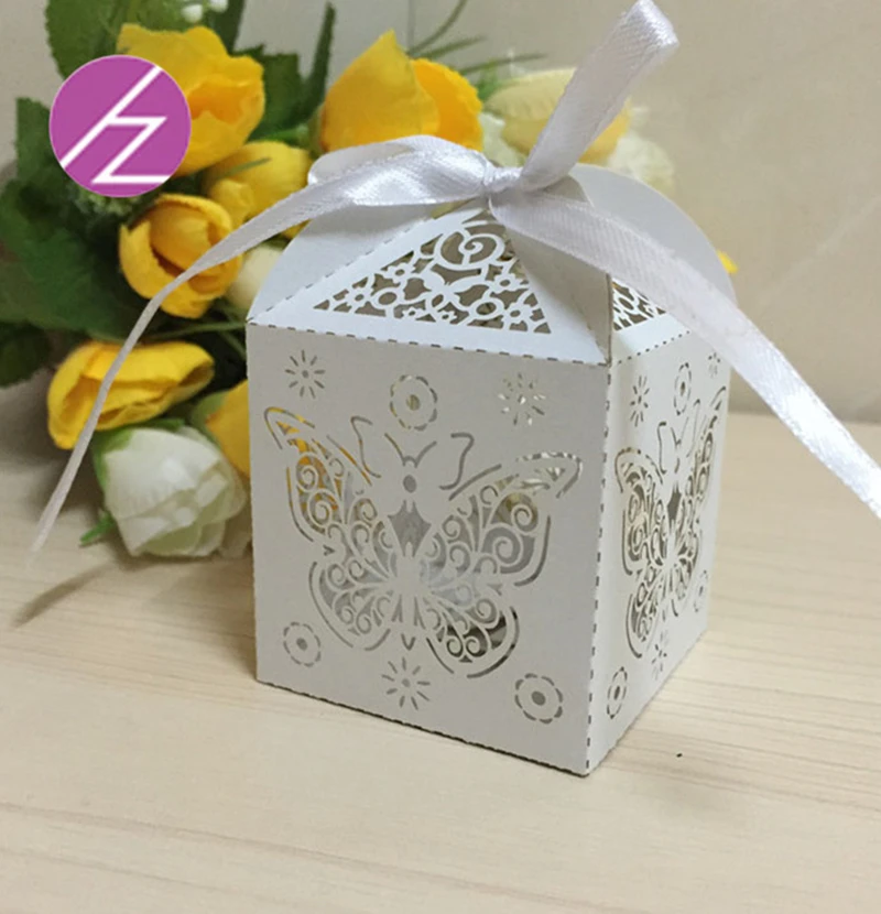 100 шт. изысканные шоколадные жемчужные коробки с бабочкой и кружевной лентой для