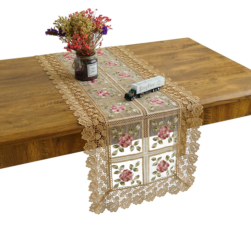 

Desk Flag White Embroidery Table Runner Lace TV Cabinet Table Flag Coffee Bed Flag Table Mat Table Cloth