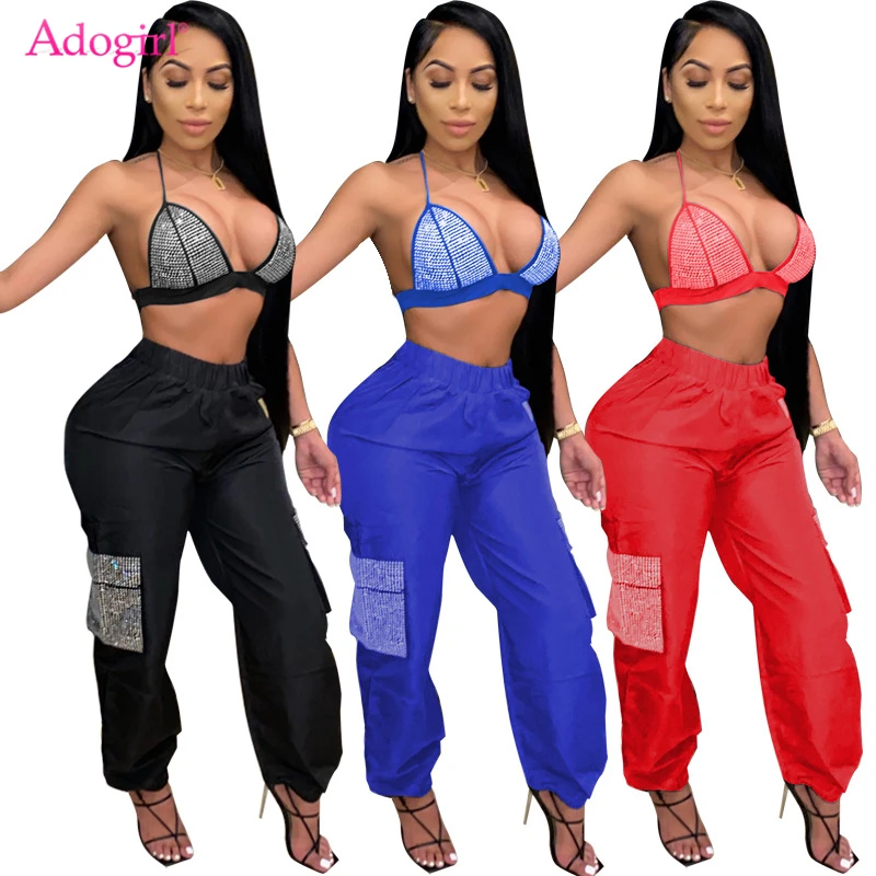 

Adogirl Women Sexy Diamonds Two Piece Set Bra Top Side Pockets Elastic Waist cargo Sweat Pants Fashion Suits Night Club Clothing