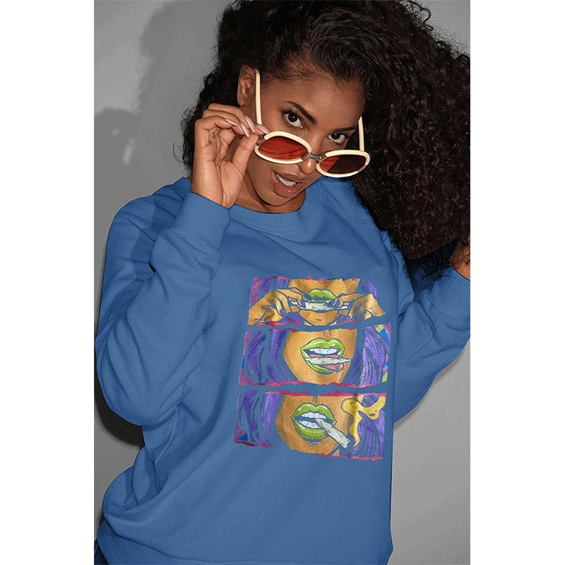 

Синего цвета с принтом в виде губ свободные винтажные Толстовка для женщин пуловер с круглым вырезом японские Модные топы размера плюс с дл...