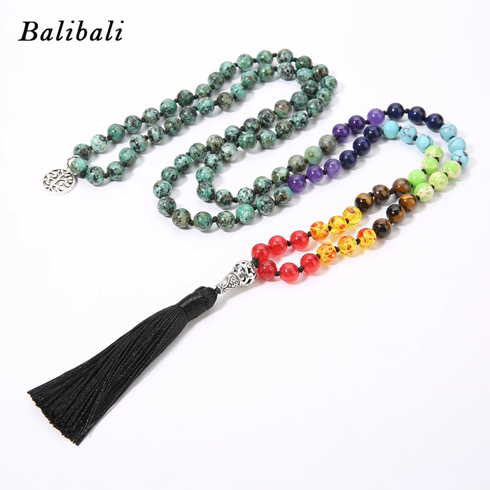 YUOKIAA 108 Mala Beads ожерелье с ручным узелком 7 Чакр Йога Медитация деревом жизни кулон