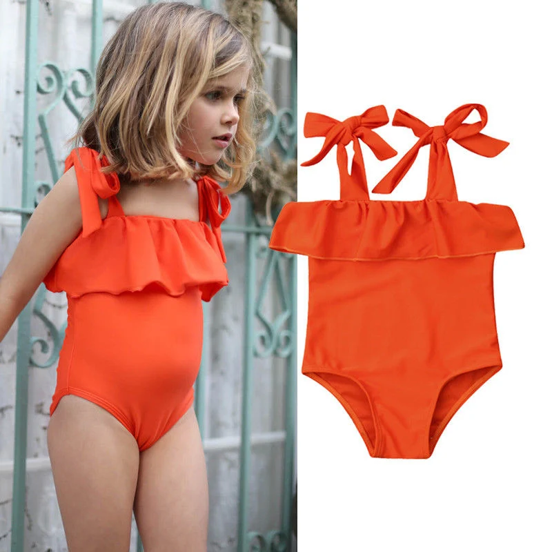 

One peice Baby Girl Summer Swimsuit Solid Color Bow Sling Ruffled Bikini Tankini Swimsuit Bathing Suits Beachwear 0~5 Years
