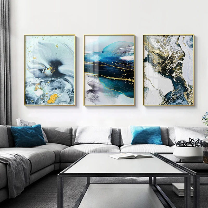 

Nordic Blue Golden Luxury Abstract Wall Art Canvas Painting Contemporary Poster and Print Living Room Aisle Home Decor Picture