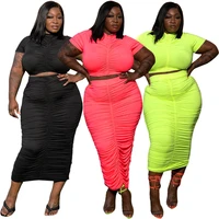 two piece set xl 5xl midi dress sets short sleeve club fashion party summer women ribbed dresses neon green yellow