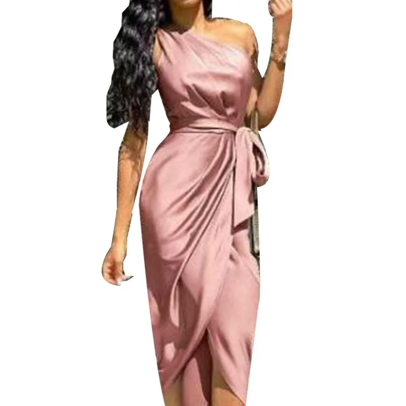 

2021 New Plus Size One-shoulder Women's Irregular Laces Sexy Vestidos Ruffle Design Party Dresses [Send Belt]