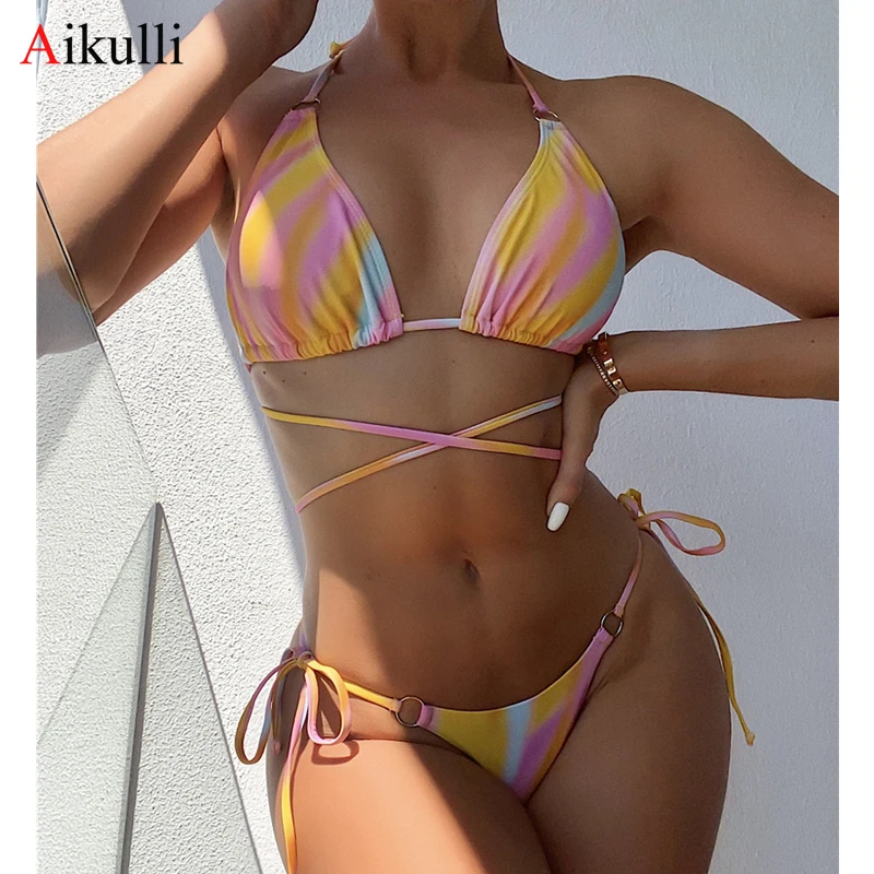 

Sexy Rainbow Print Bikinis Swimsuits Women Lace Cross Biquini Two-Piece Swimwear 2022 Summer Beachwear Bikini Set Bathing Suits