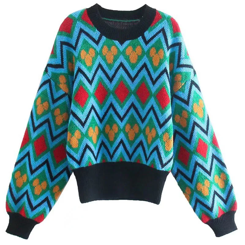 

2021 Cute Cartoon Jacquard Knit Sweater Women Winter Long Sleeve Vintage Knitted Pullover Woman Animal Jacquard Sweaters