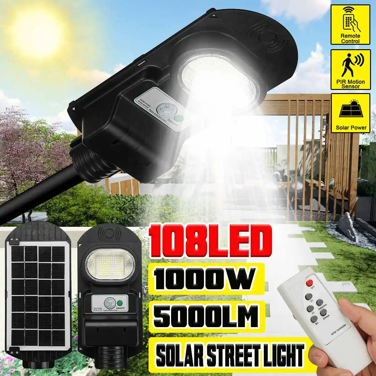 

1000W 5000LM Remote Control Solar PIR Motion Sensor LED Wall Street Light Waterproof for Garden Courtyard Pathway Street Lamp