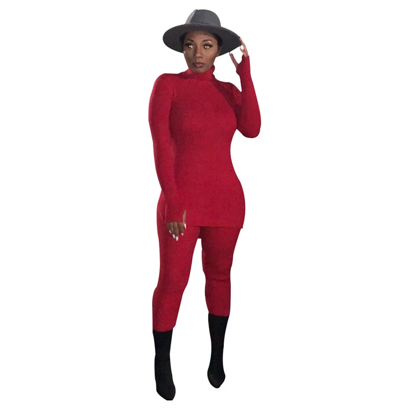 

FIXSYS Plain Cotton Csual Two Piece Set Turtleneck Full Sleeve Long Slim Top + Skinny Pants Leggings Autumn Winter Apparel