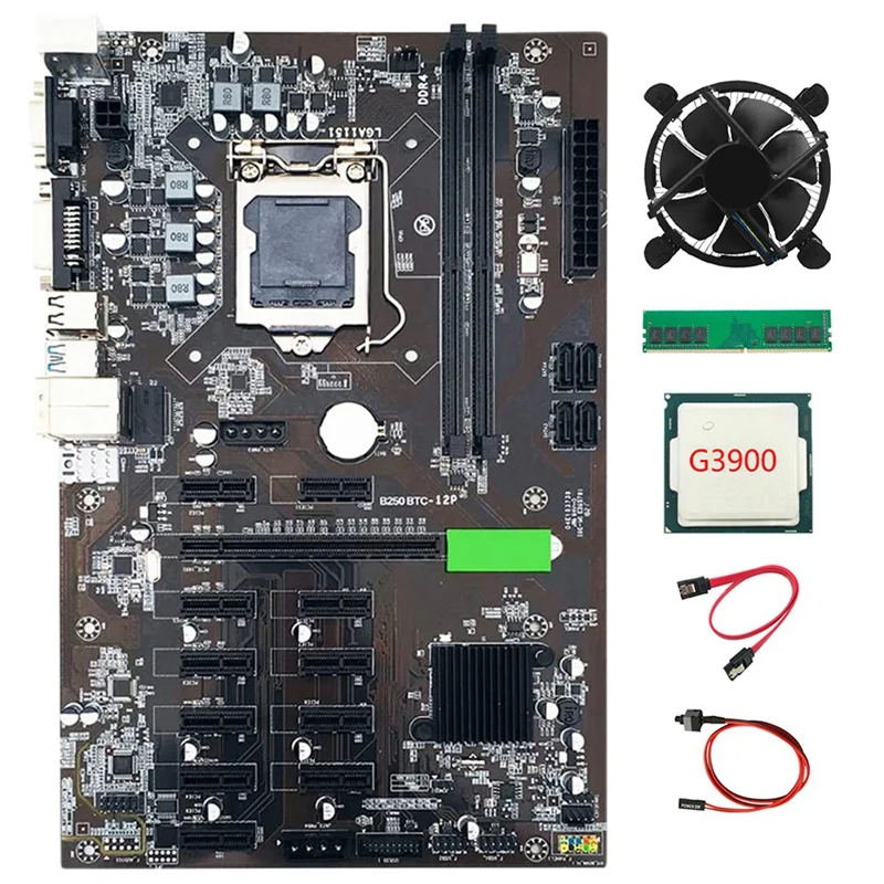 

B250 BTC Mining Motherboard LGA1151 with SATA Cable+ Switch Cable+G3900 CPU +Cooling Fan+DDR4 4GB 2666MHZ RAM for Miner