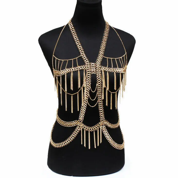 

Long Tassel Bib Body Chain Dress Jewelry Necklace Bikini Gold Stainless Steel Women