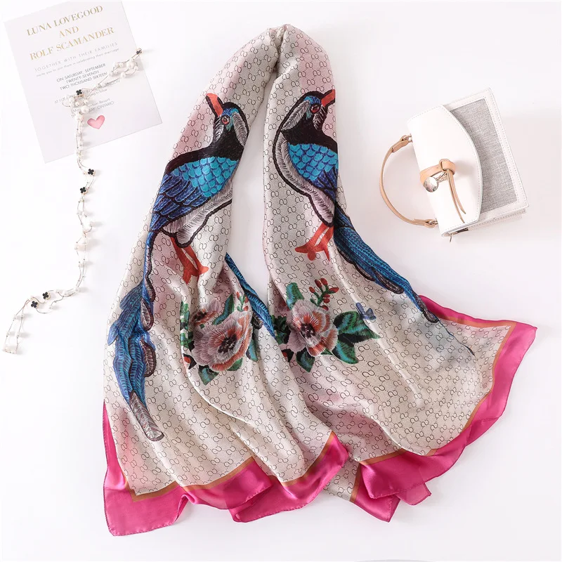 Новый женский шелковый шарф с цветочным принтом птицы Солнцезащитная шаль на