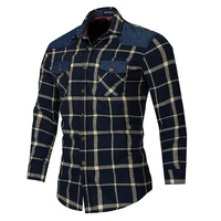 2021 autumn and winter mens clothing button up shirt fashion cotton denim plaid stitching long sleeve mens shirt