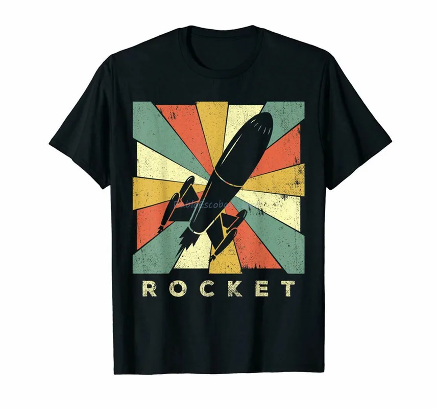 

Rocket Retro Vintage Colorful Funny Unisex Black T-Shirt S-5XL Cotton Customize Tee Shirt men cotton tshirt summer fashion tops