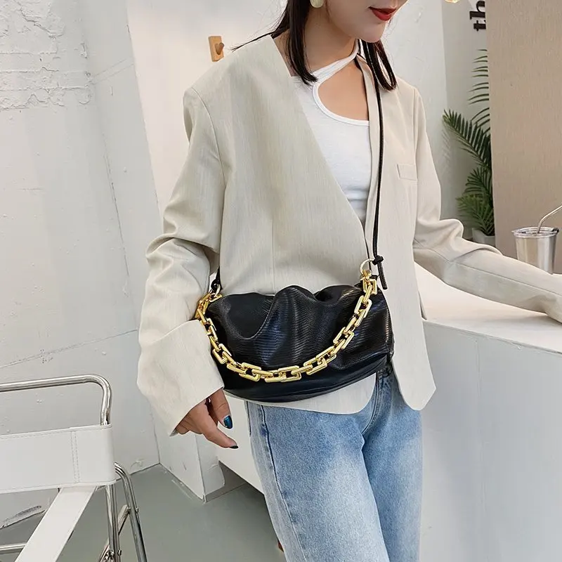 

Gold Chain PU Leather Bag For Women 2021Summer Armpit bag Lady Shoulder Handbags Female Solid Color Travel Hand Bag