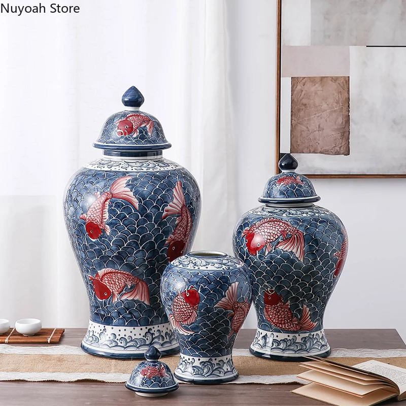 Hand-painted Red Fish Blue and White Porcelain Storage Jar Decoration Chinese Style Living Room General Jar Vase Decoration