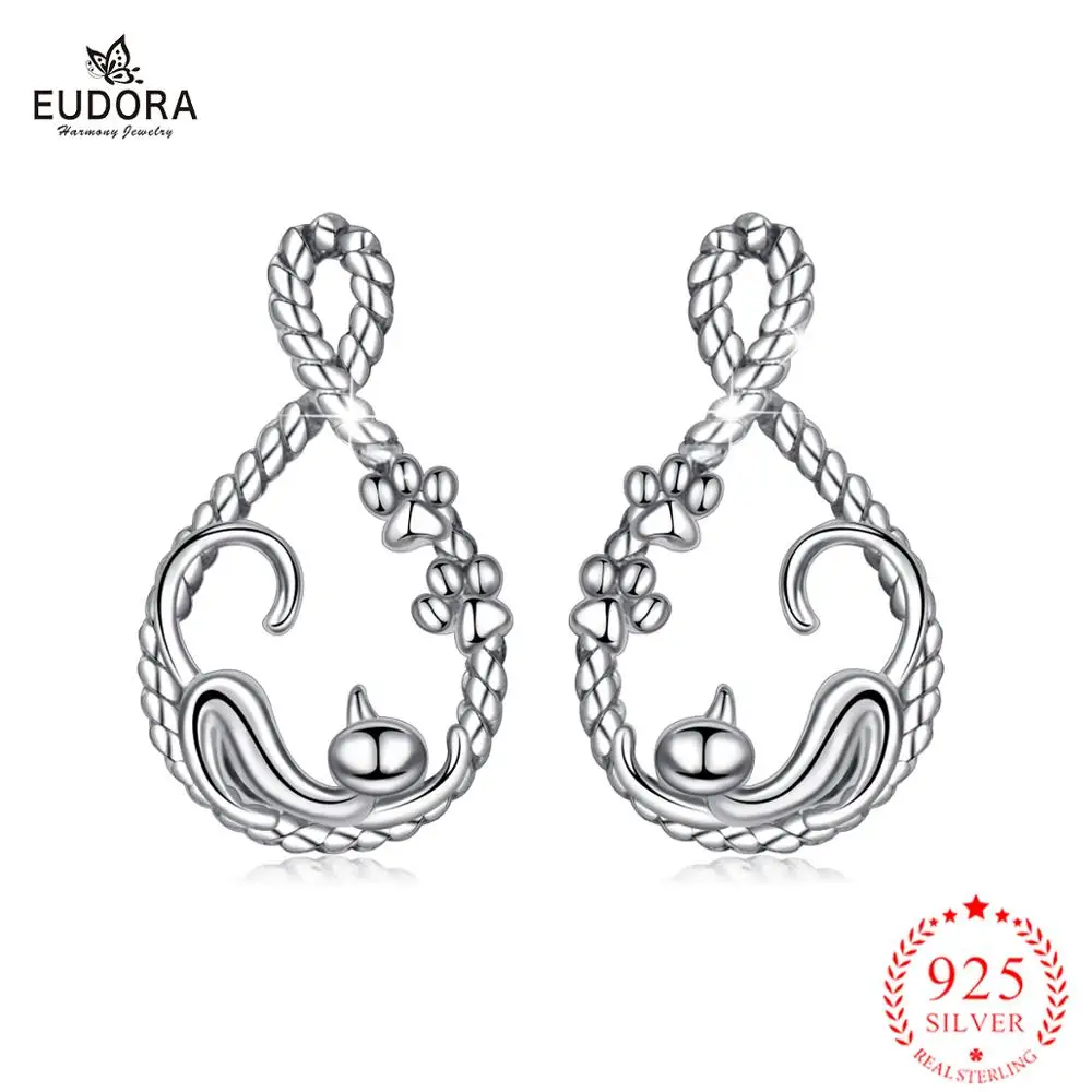 Eudora 925 пробы серебряные женские серьги кошка котенок длинный хвост овальные