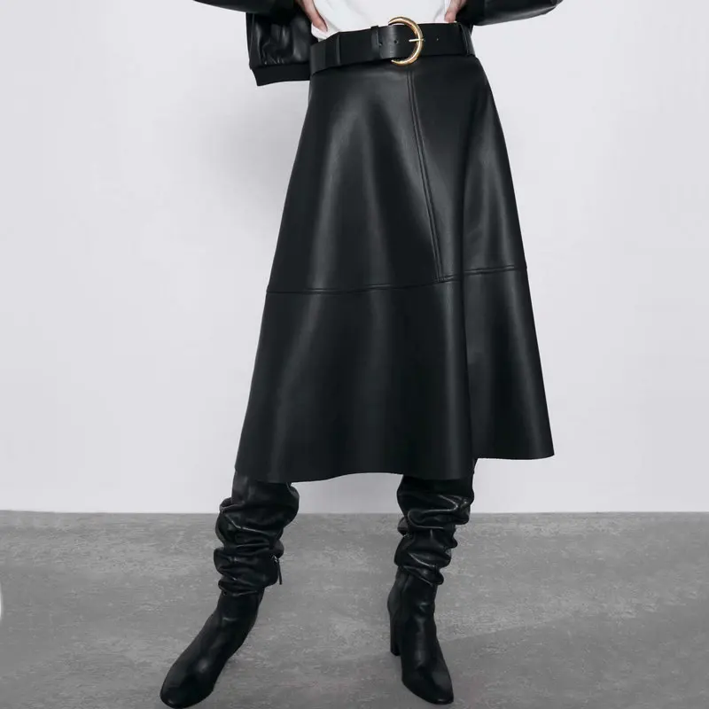 Женская длинная юбка средней длины черная трапециевидная из искусственной кожи