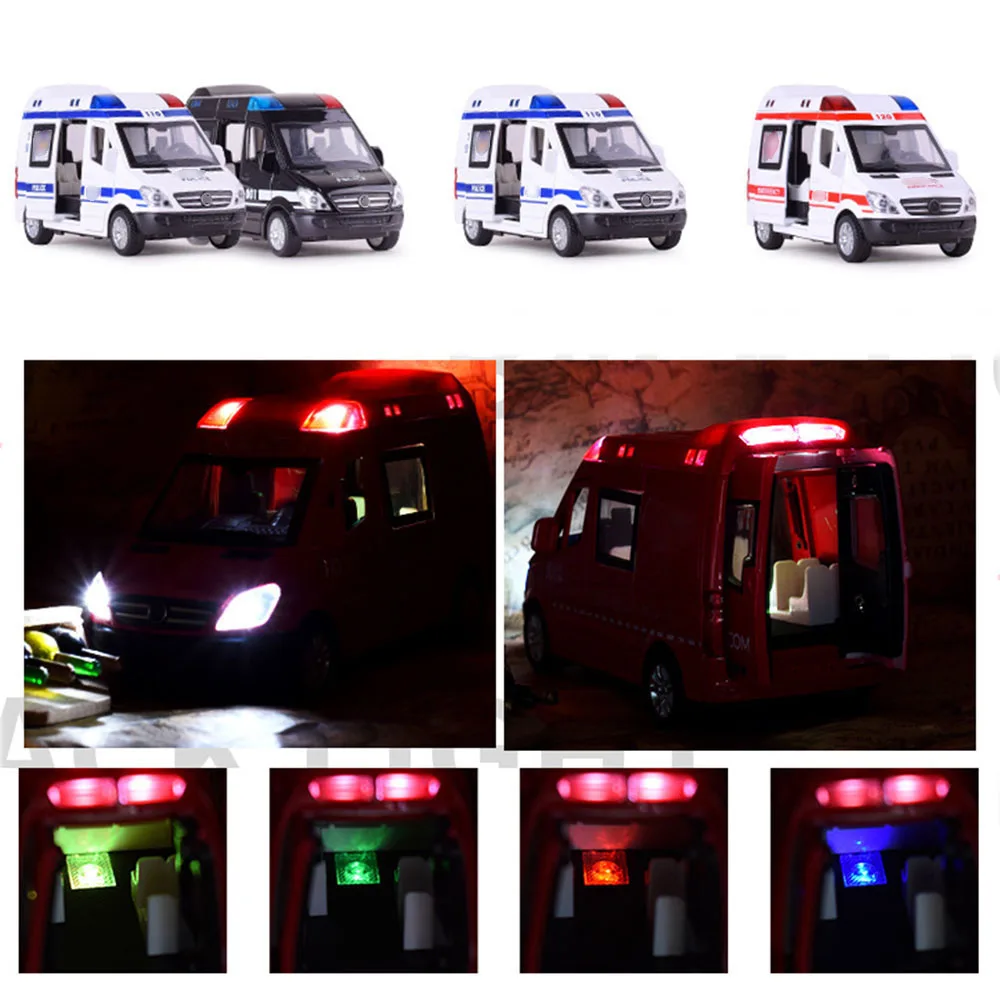 

1:32 Ambulance Police Cars Model Alloy Diecast Metal Pull Back Sound Light Children Toy Cars Fire Truck Model Kids Gift
