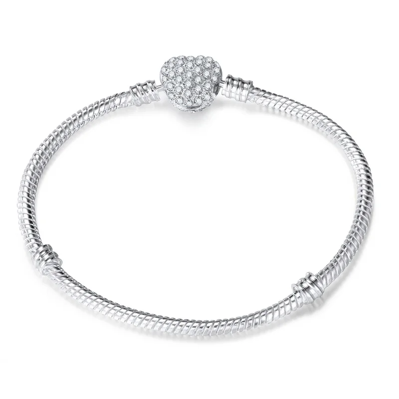 

New Trendy Pandora Bracelet Jewelry Moments Sparkling Heart Clasp Snake Chain Charm Cubic Zirconia Bracelet for Women Girls Gift