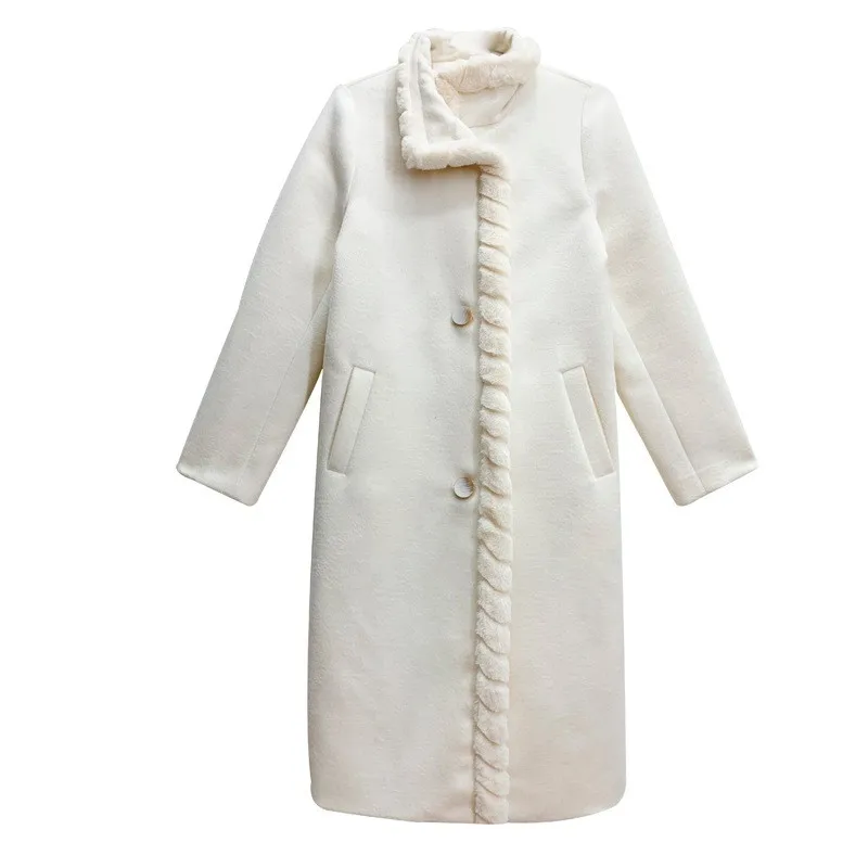 

Winter Elegant Women Long Trench Coat Single Breasted Rabbit Fur Spliced Overcoat Abrigos Mujer Invierno 2021 Ladies Windbreaker