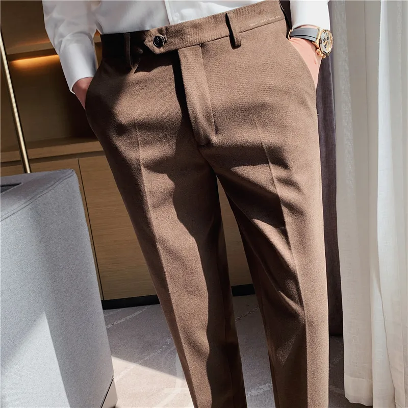 

Top Quality Autumn Winter Thick Woolen Business Dress Pants Men Clothing Simple Embroidery Waist Slim Fit Office Trousers Formal