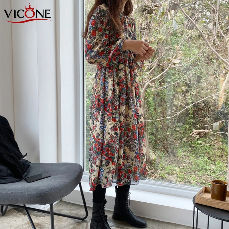 VICONE Design Flower Waist Long Sleeved In The Render Dress Elegant | Женская одежда