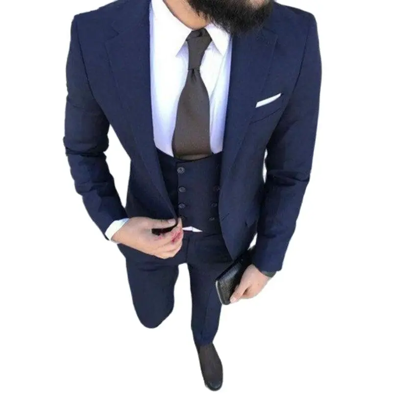 

One Button Navy Blue Groom Tuxedos Notch Lapel Groomsmen Suit Mens Wedding Tuxedos Business Prom Suits (Jacket+Pants+Vest)