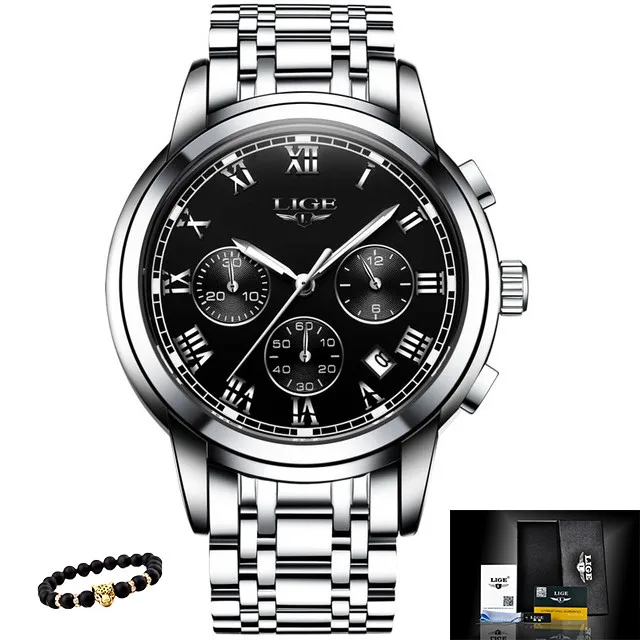 S-silver black LIGE мужские часы, военные Роскошные брендовые часы, мужские кварцевые часы из нержавеющей стали, модные часы с хронографом, мужские часы - Цвет: S-silver black