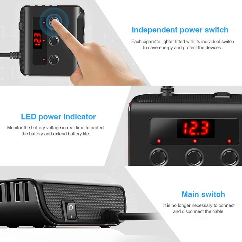 

4USB Car Cigarette Lighter One for Three with Switch Voltage Display Vehicle Lighter Charging 100W Max Suitable for 12-24V