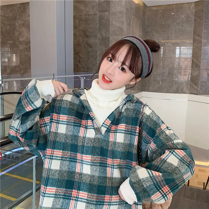 Зимнее пальто для женщин поддельные два толстовки Harajuku решетки толстовка с