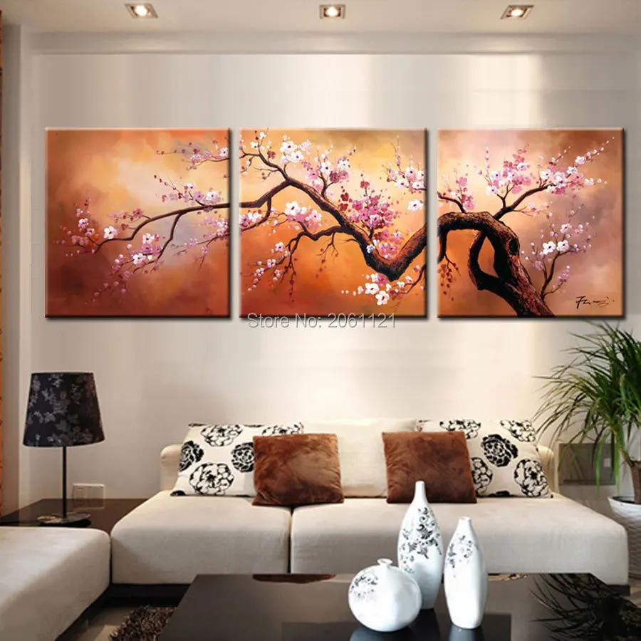 

handmade 3 Panels Plum Tree Blossom Modern Giclee Canvas Flowers Abstract Floral Paintings on Canvas Wall art chinese Decor