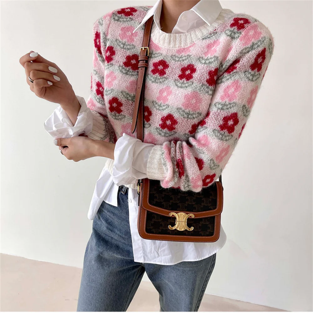 

Harajuku Gentle O-Neck Florals Knitwear Sweaters Women 동대문 Sweet Chic OL Pullovers Slim Casual All Match Autumn Tops