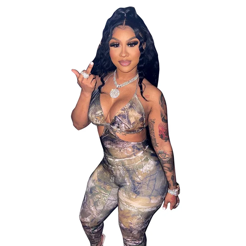 

Sexy Cut Out Aesthetic Print Co-ord Jumpsuit Women Sexy Backless Bandage Party Clubwear Skinny Streetwear Halter Female Outfits