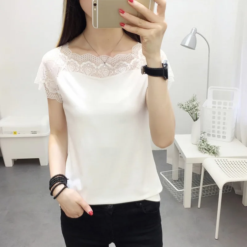 

Summer Slash Neck Korean Lace Stitching Sweet Short-sleeved Black and White 2-color Tops Shirt