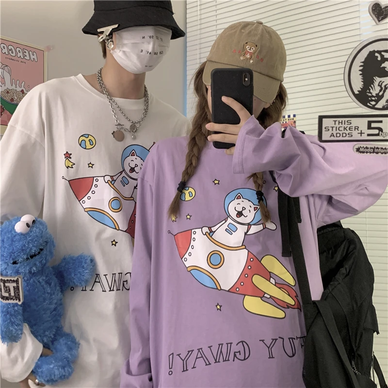 

Space Rocket Cat Print Pullover Women Man Harajuku Pullovers Cute Kawaii Casual Tops O-Neck Angel Print Hooded Sweatshirt Couple