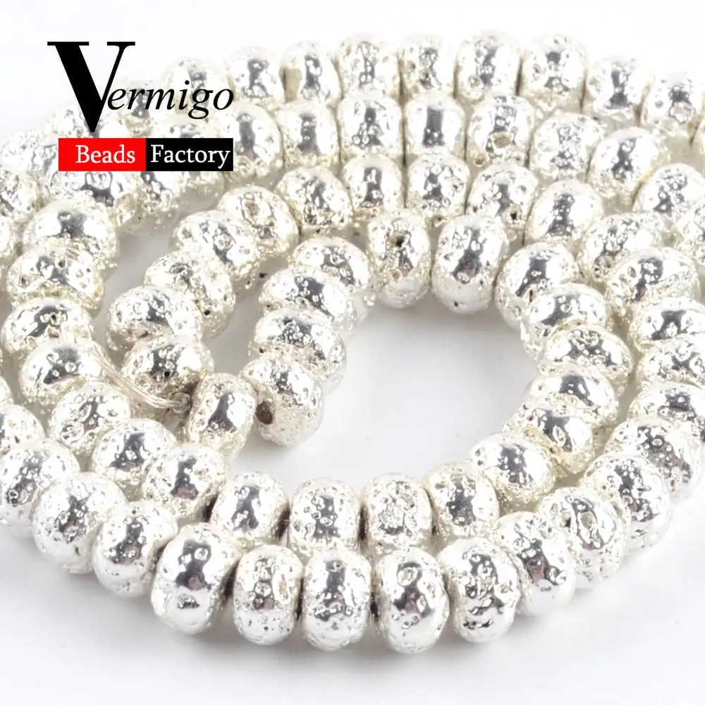 Бусины-гематиты Rondelle с натуральным посеребренным лавовым камнем для