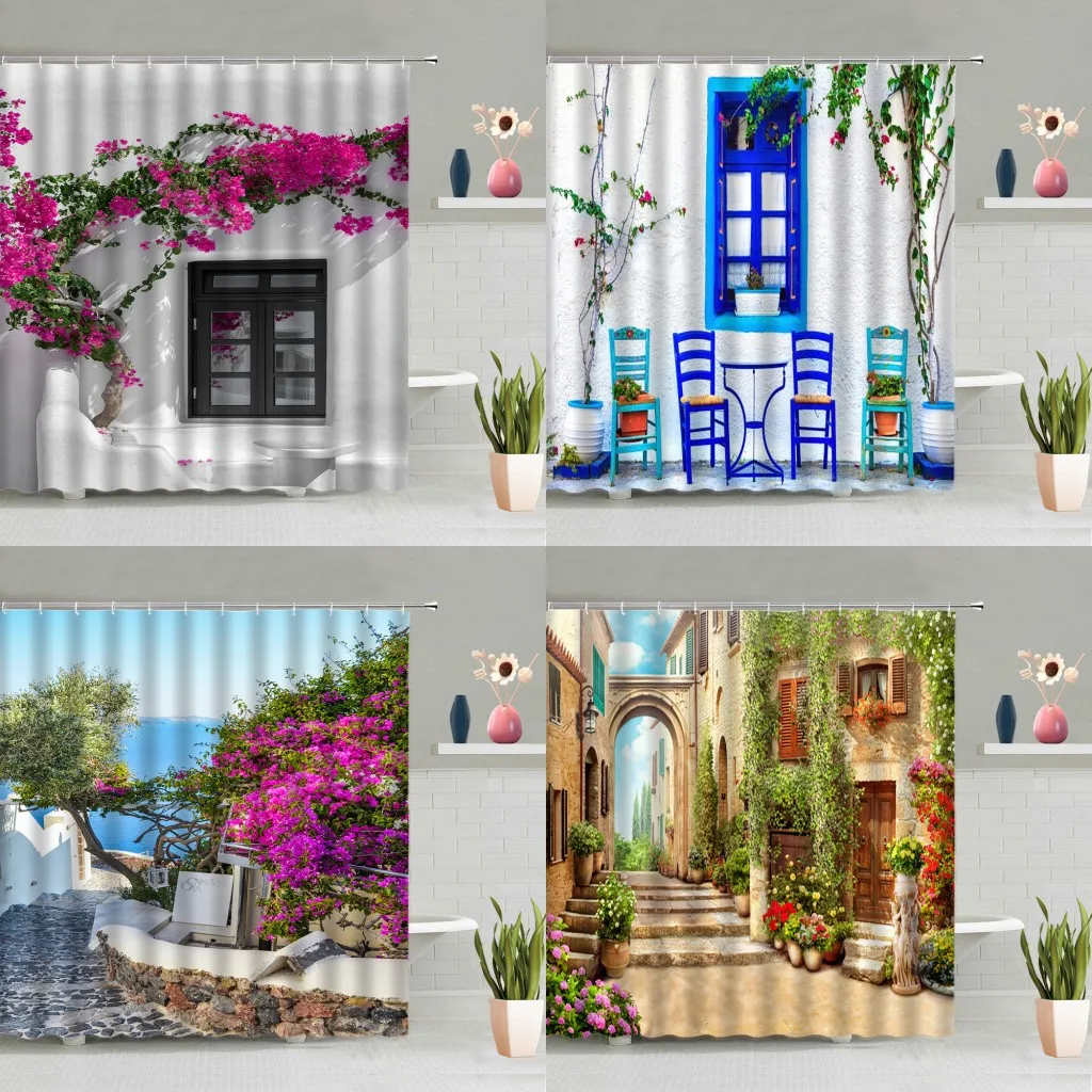 

European Style Street Scenery Shower Curtain Color Flower Green Leaf Plant Ocean Natural Landscape Bathtub Decor Screen Washable