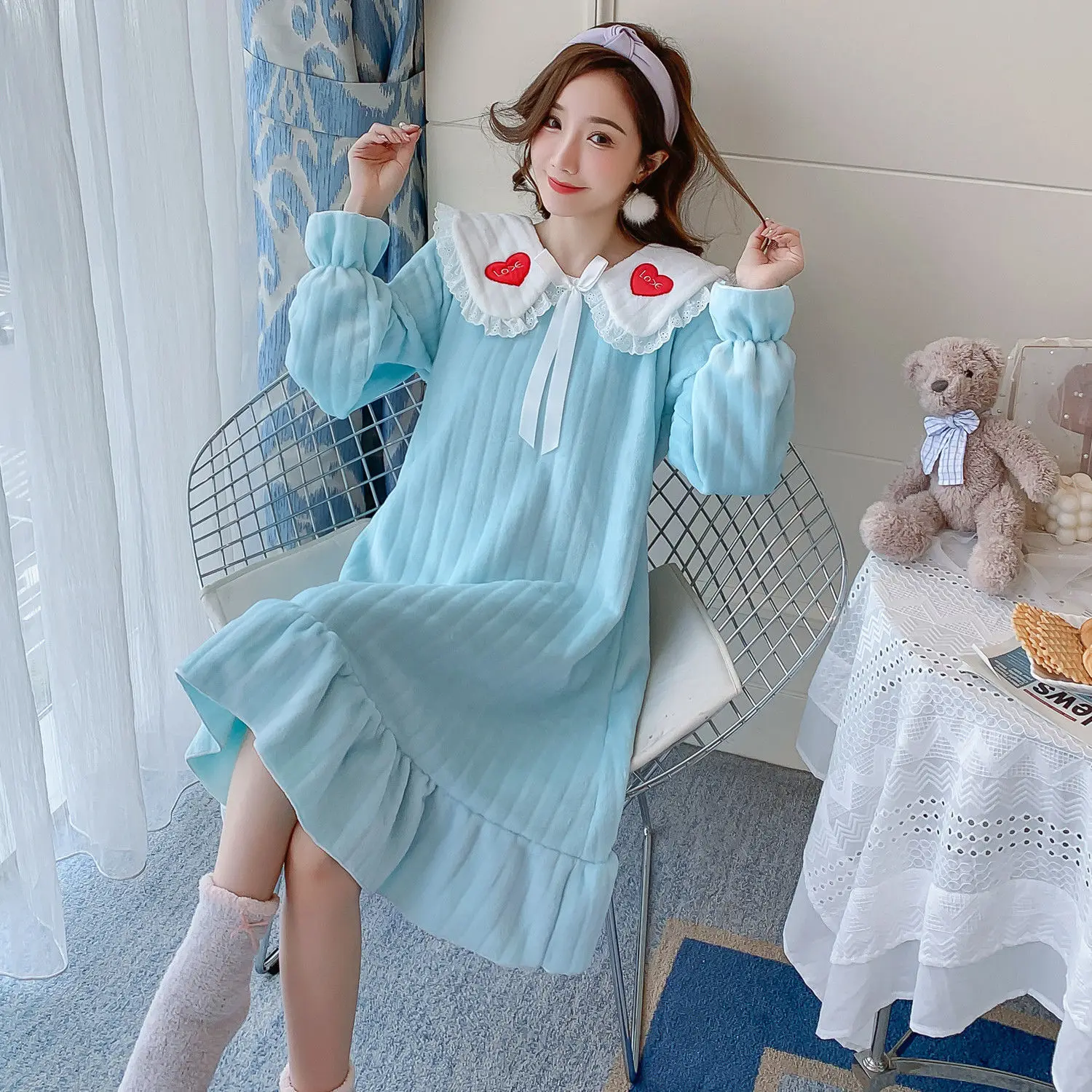 Facecloth Nightgown Long Section Winter Thickened Coral Velvet Pajamas Female Long-sleeved Doll Collar Students Cute Princess