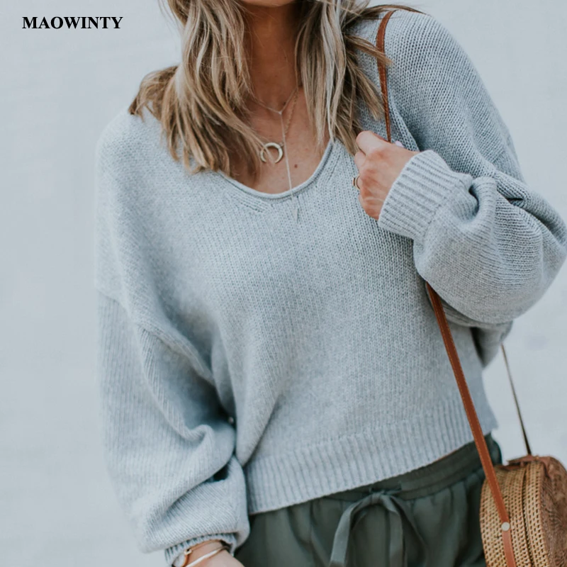 Knitted Women's Sweater Casual Streetwear Solid V Neck Long Sleeve Pullovers Woman Winter 2019 Feminine Coat Pull Femme | Женская