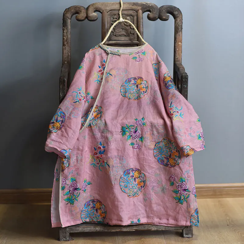 

Johnature 2021 Autumn New Vintage Print Floral Shirts For Women Ramie O-Neck Long Sleeve Blouses Loose Female Long Shirts Tops