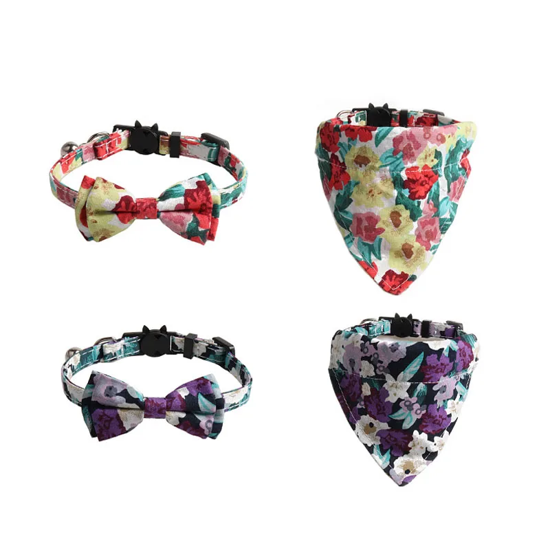 

Floral Pattern Cats Collar Adjustable Bowknot Puppy Chihuahua Rabbits Scarf Safety Buckle Kitten Collars Pets Accessories