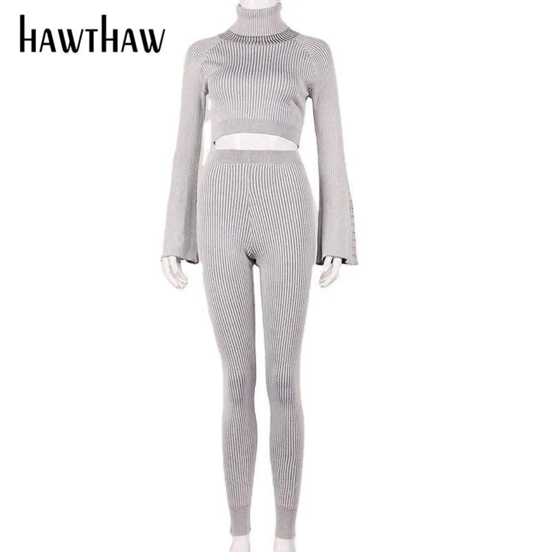 

Hawthaw Women Autumn Winter Long Sleeve Turtleneck Knitted Crop Tops Long Pants Sportswear Two Pieces Sets Female Clothing