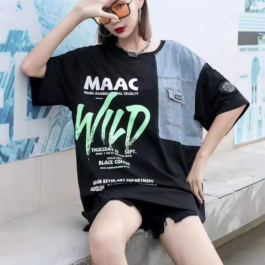 

Vefadisa Fashion Summer Letter Women T-shirt 2021 Denim Patchwork Female T-shirt Short Sleeve Women Top Loose Black QYF5559