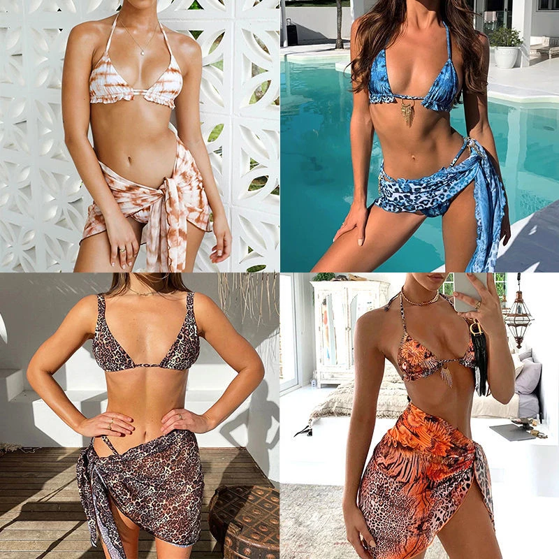

New European and American sexy leopard print bikini with skirt swimsuit printing gauze triangle tie dye tie tie three suits wome